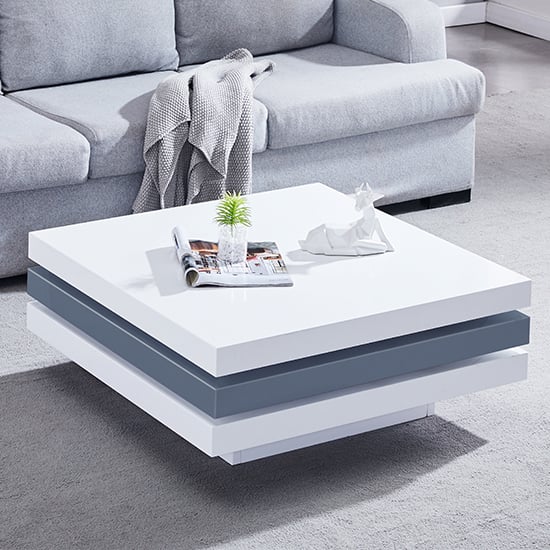 Photo of Triplo square high gloss rotating coffee table in white and grey